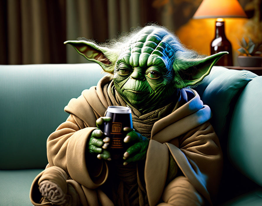 Green alien character on couch with drink in cozy setting