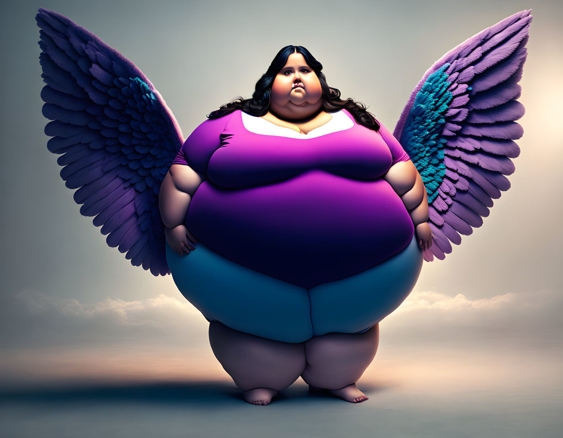 Plump animated character with colorful wings in purple and white outfit