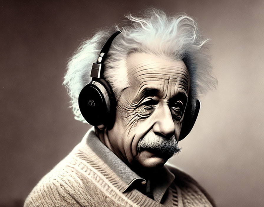 Elderly person with wild hair in headphones and sweater against brown background