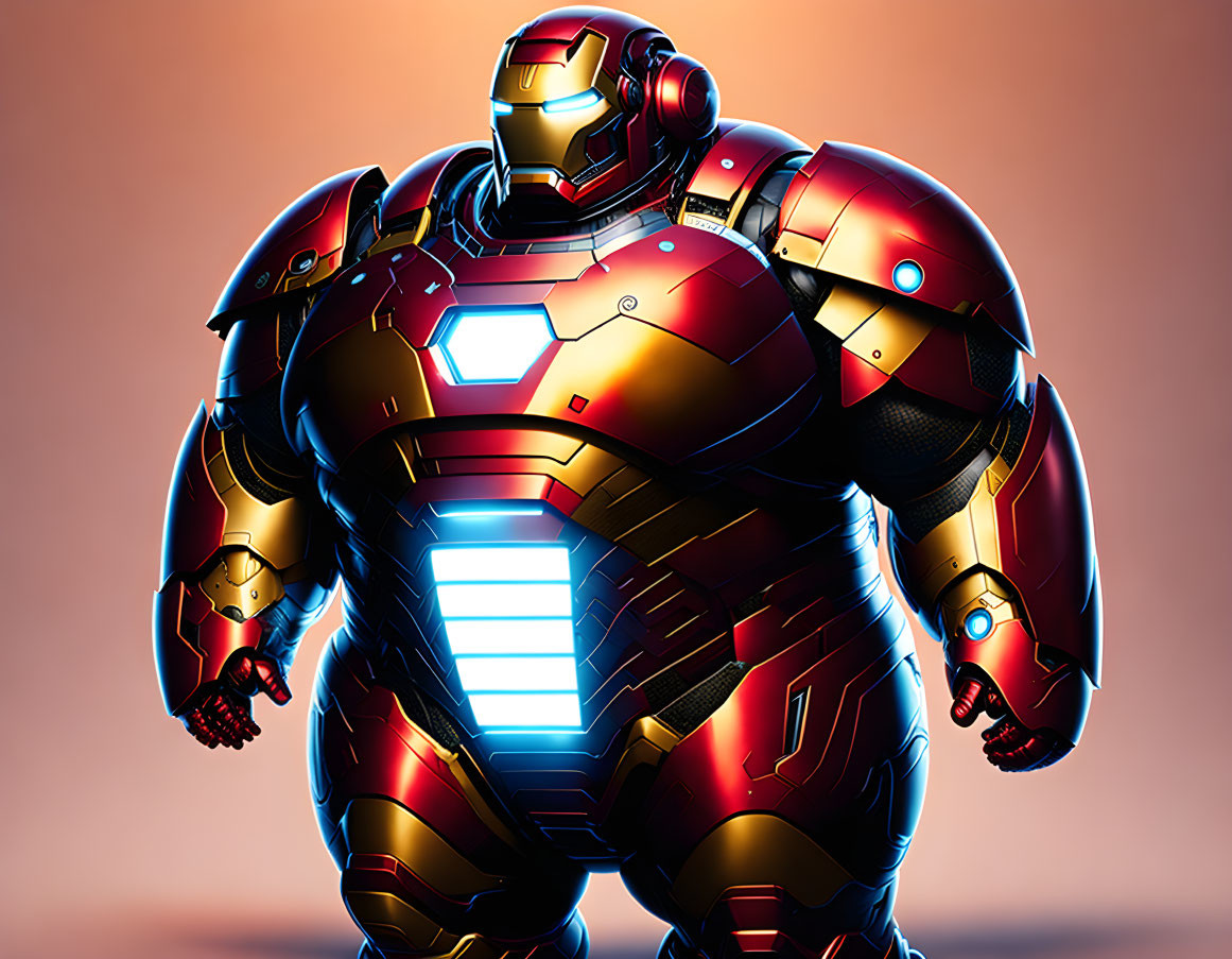 Illustrated bulky red and gold armored suit with glowing blue accents on pink background