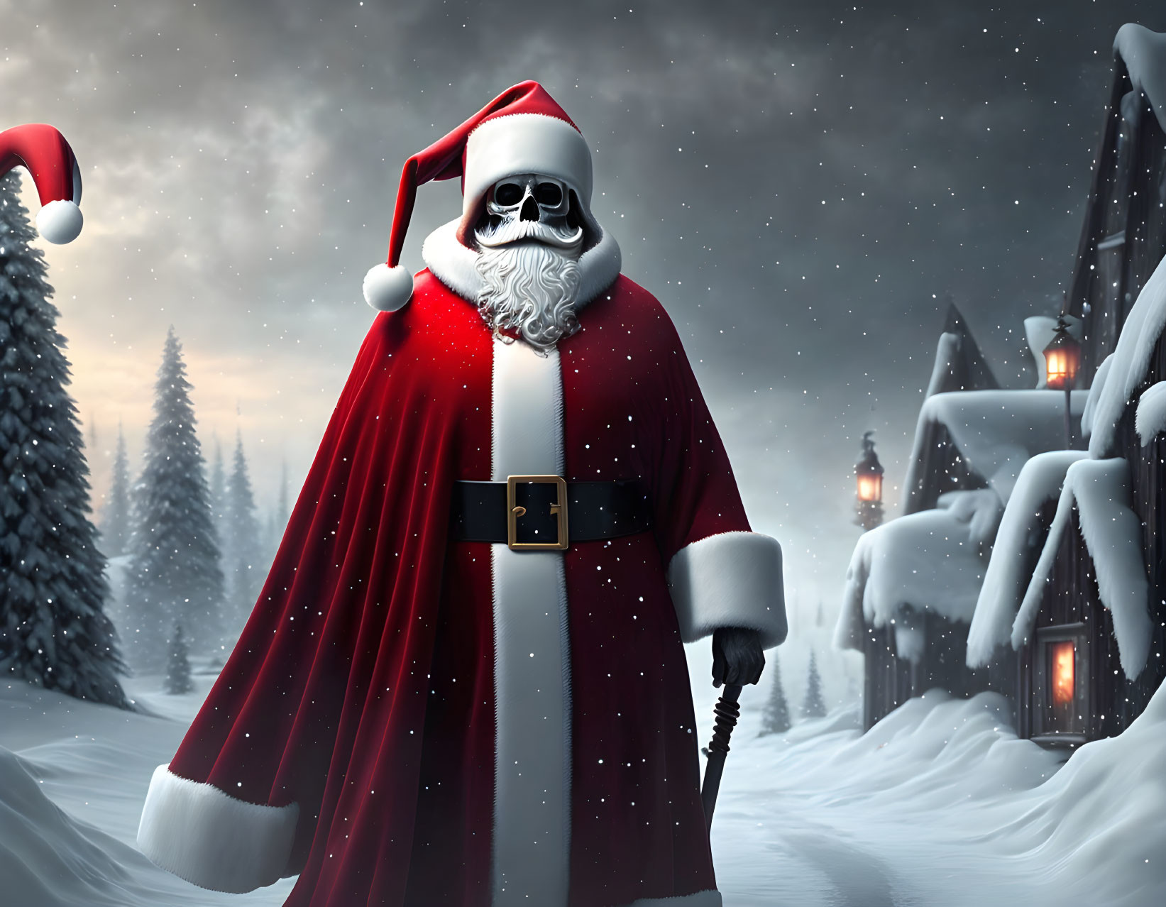 Digital Illustration of Santa Claus in Red Suit with Snowy Village Background