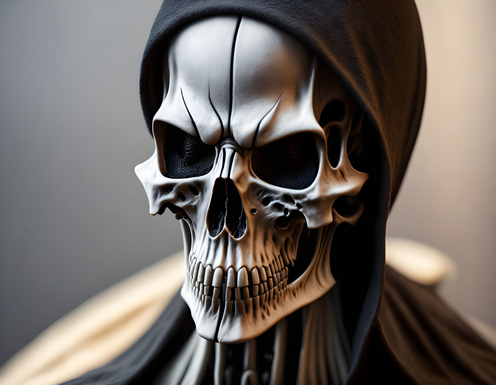 Realistic skull in dark cloak on blurred background