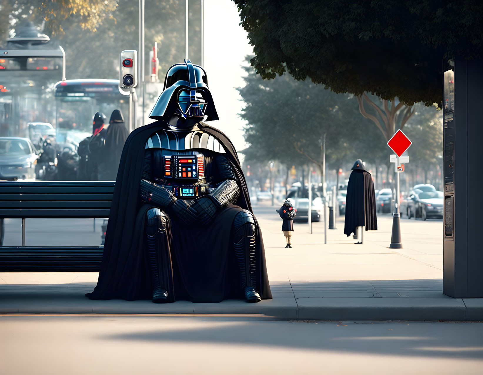 Iconic villain on city bench with mini version and traffic.