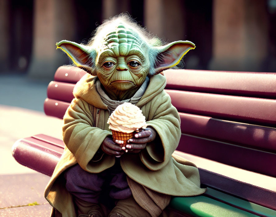 Digital Artwork: Yoda from Star Wars with Cupcake on Bench