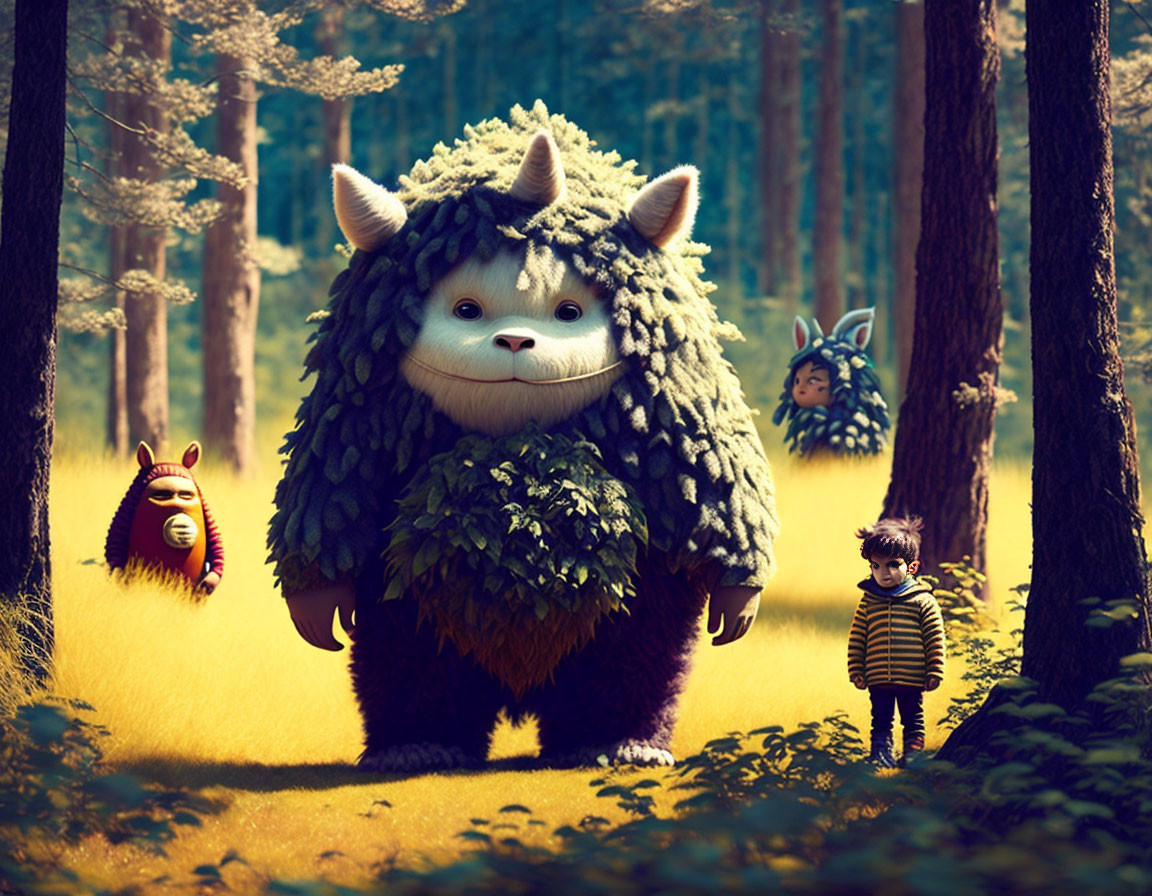 Whimsical forest scene with large furry creature and small characters