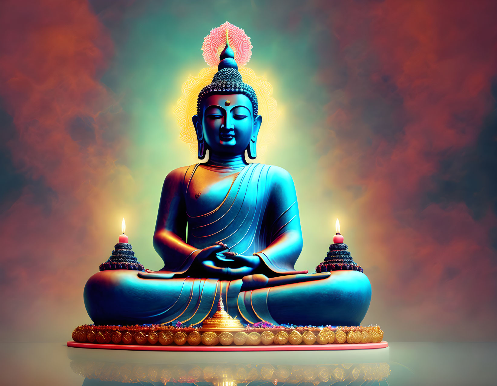 Blue Buddha statue meditating with glowing aura and candles on misty backdrop