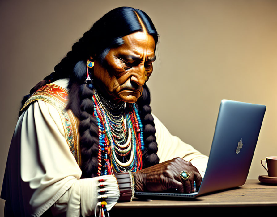 Native American in traditional attire using laptop.