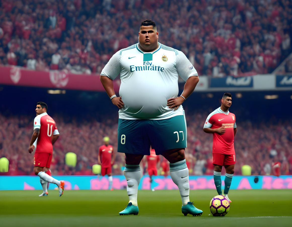 Digitally altered image of overweight soccer player on pitch