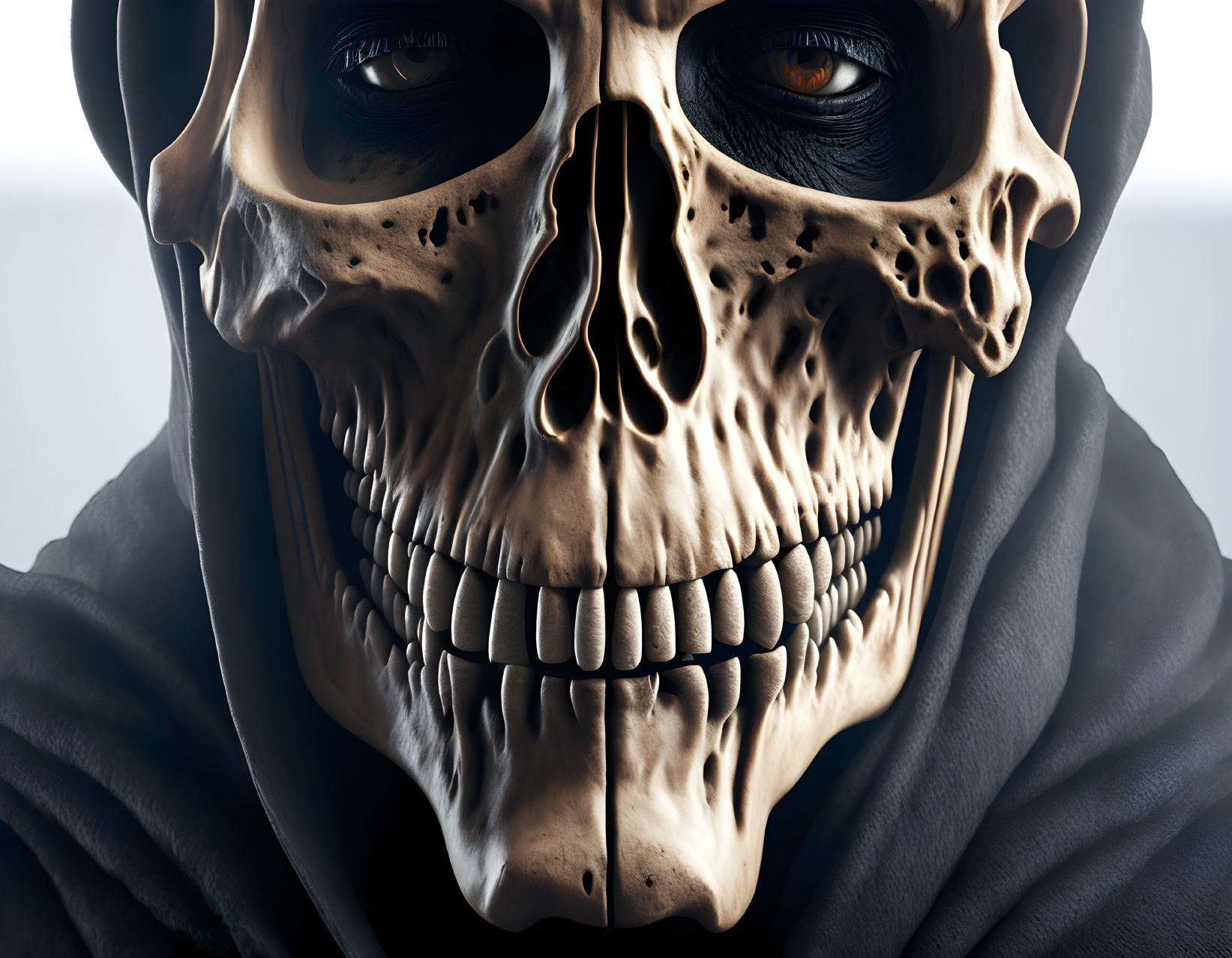 Detailed Close-Up of Grim Skull in Hooded Cloak