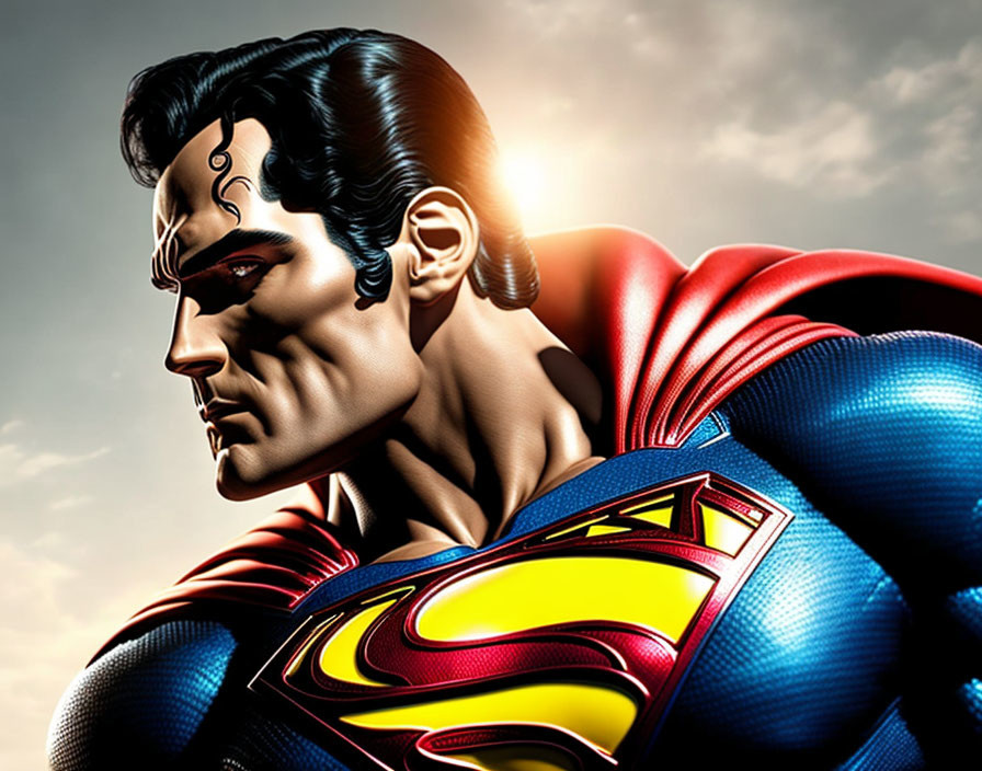 Muscular superhero in red and blue costume with 'S' emblem and cape, under sunlit sky