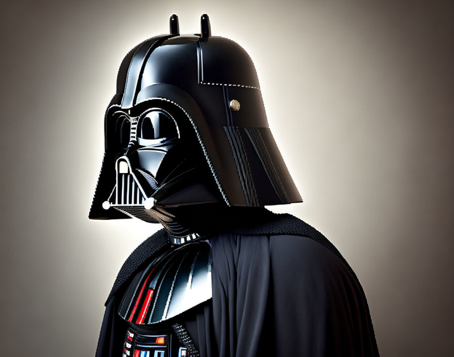 Person in Darth Vader costume with helmet and control panel on gradient background.