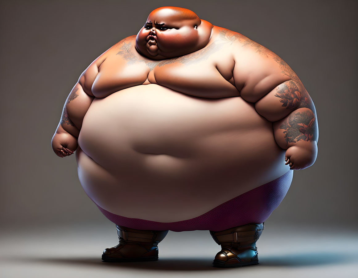 Obese character with tattoos in crop top and shorts on grey background