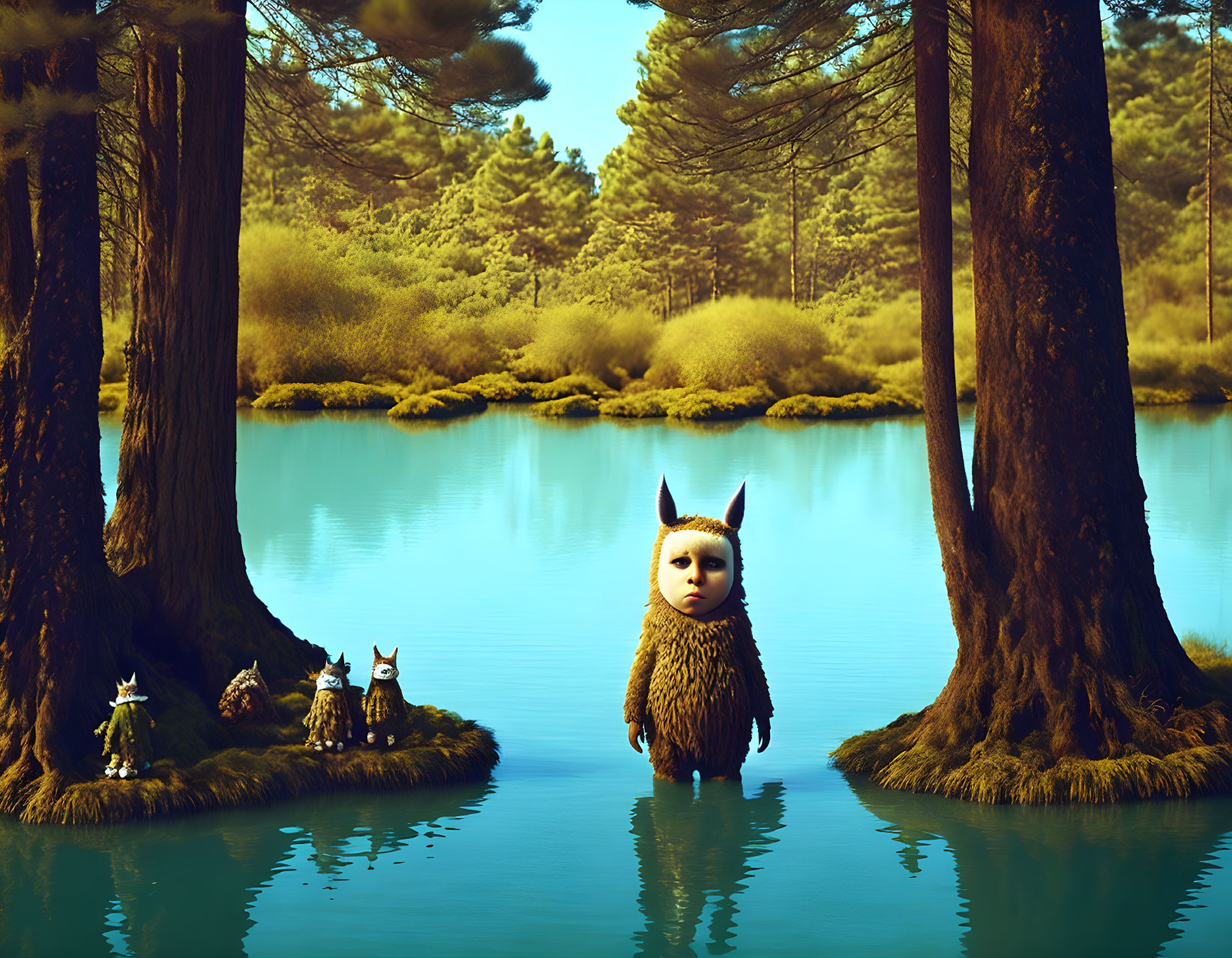 Child's head on furry body in surreal forest scene with small creatures