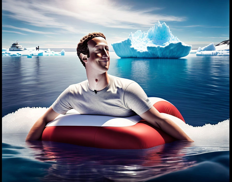 Person floating on lifering in icy waterscape with icebergs under blue sky