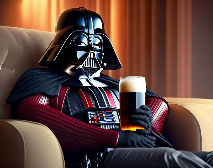 Sci-fi character relaxing in chair with drink, taking a break.