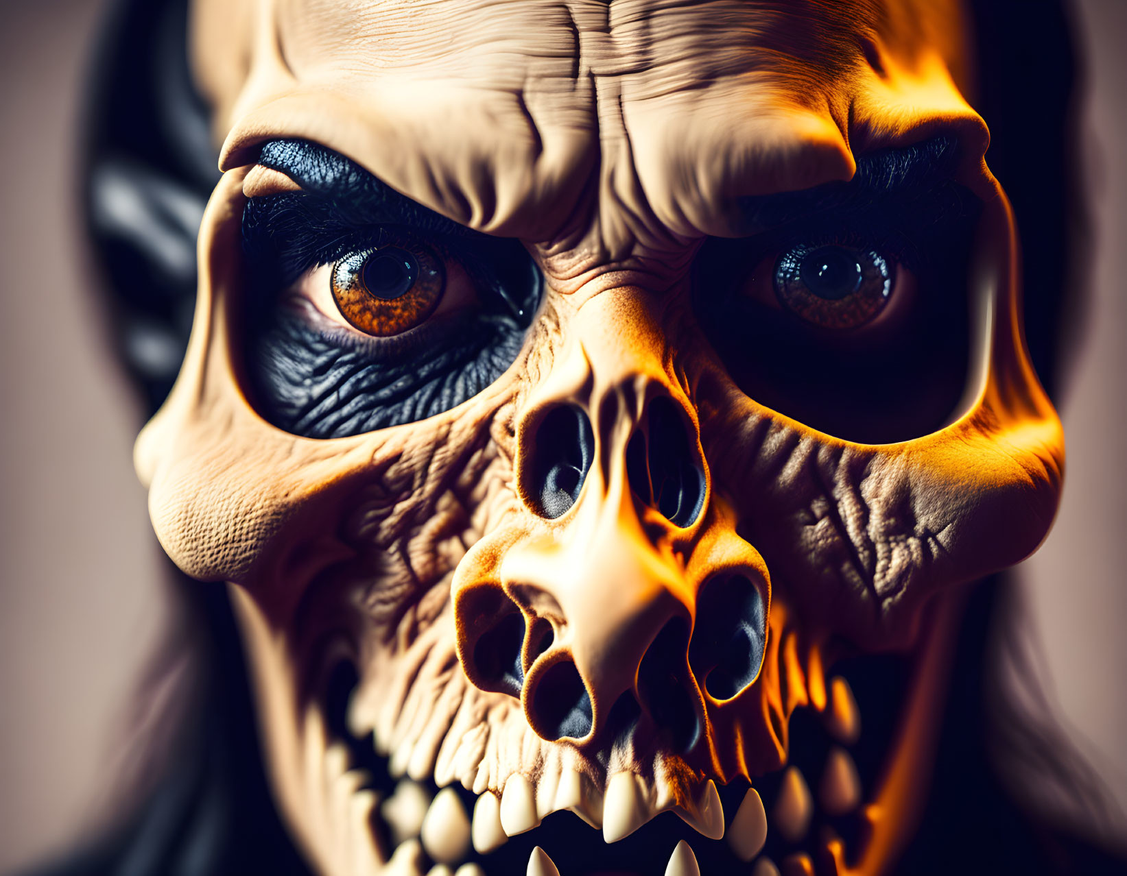 Detailed Close-Up: Menacing Skull with Glowing Orange Eye Socket