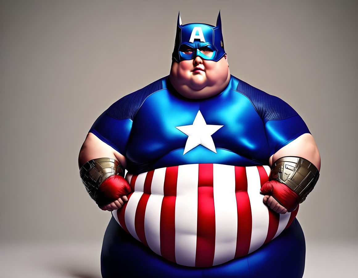 Exaggerated obese Captain America caricature in iconic suit pose