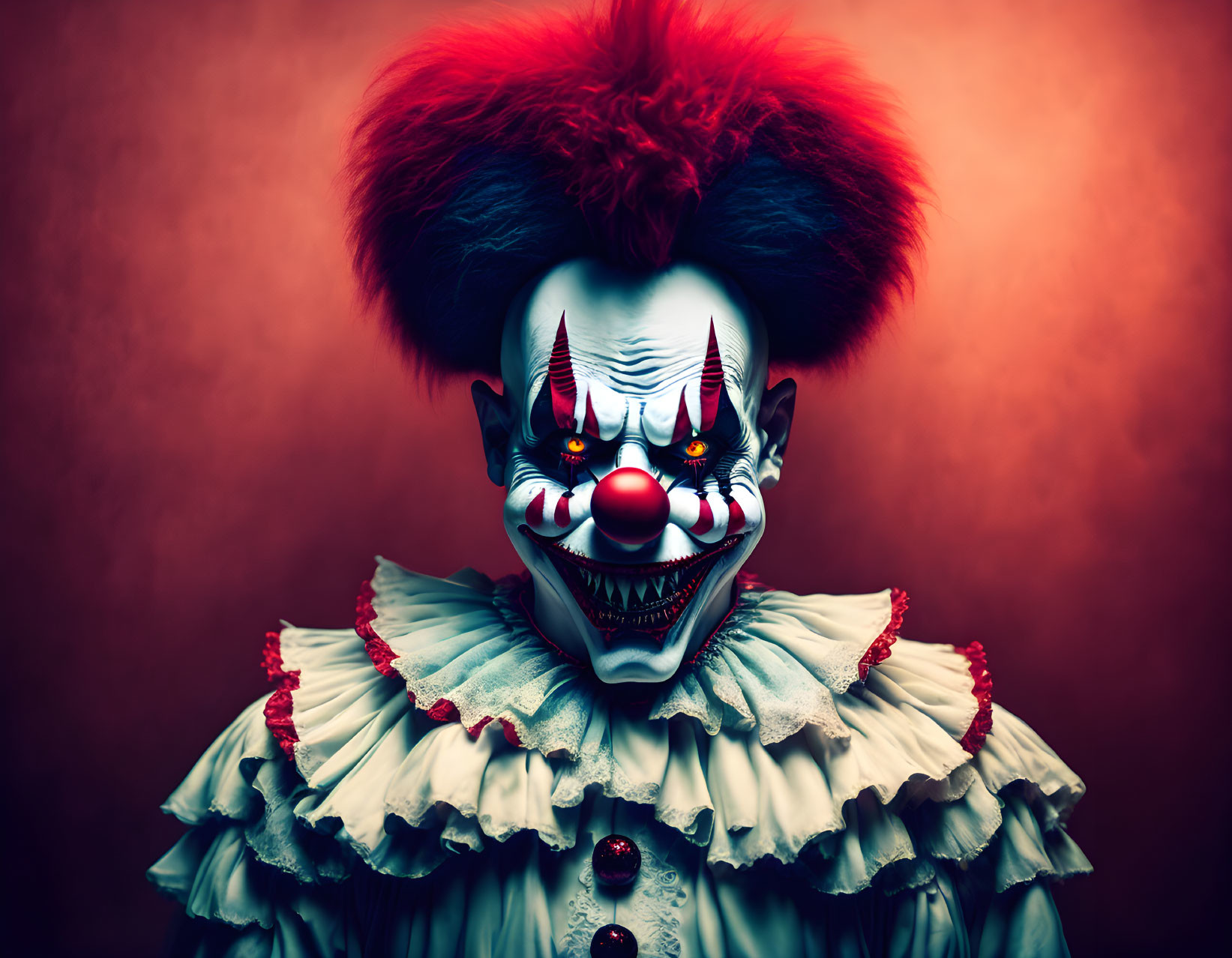 Menacing clown with red wig and sharp teeth on red background