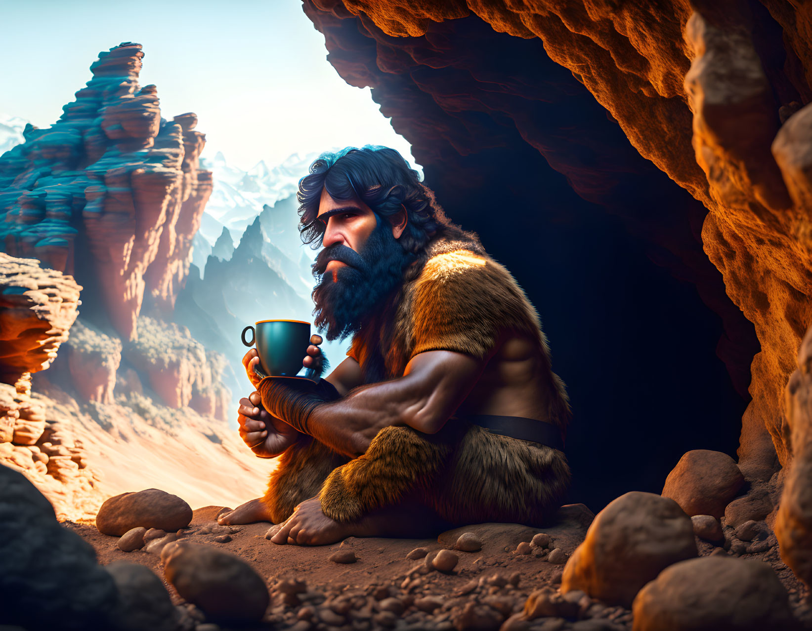 Bearded caveman in fur garment at cave entrance with snowy mountain landscape