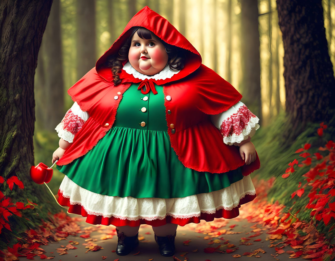 Porcelain doll of Little Red Riding Hood in forest with red apple