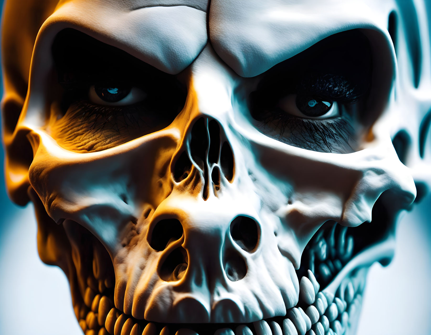 Close-up skull image with blue and orange lighting and human eyes in eye sockets