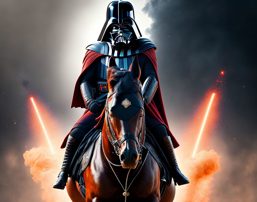 Fantastical image of Darth Vader on horseback amidst explosions