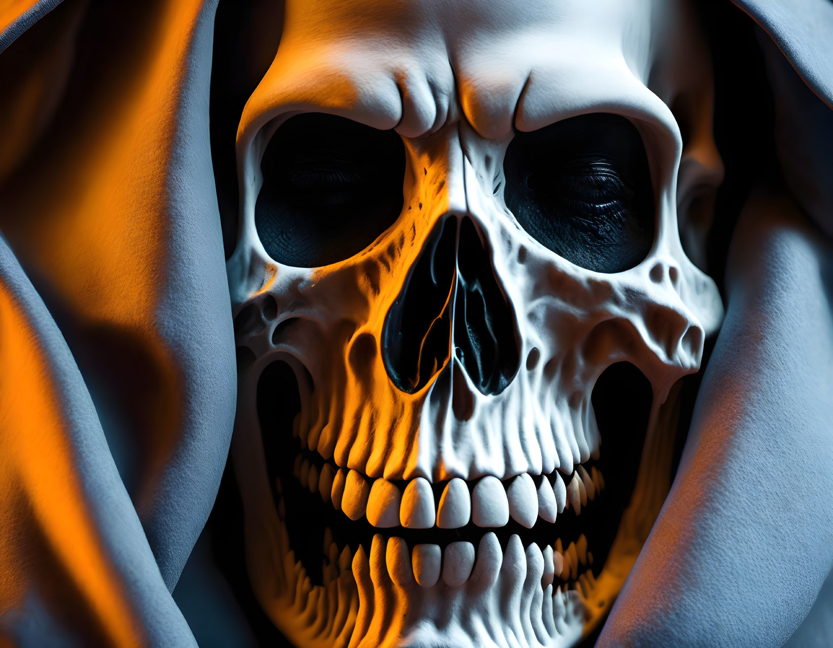 Close-up skull with eerie orange glow and textured cloth, creating macabre scene