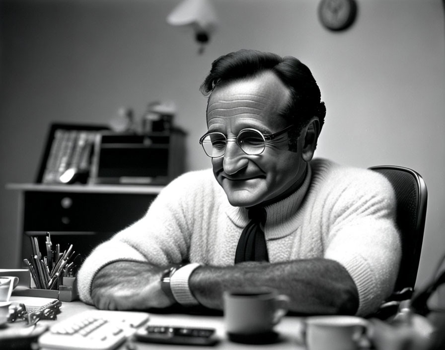 Smiling person in glasses at cluttered desk photograph