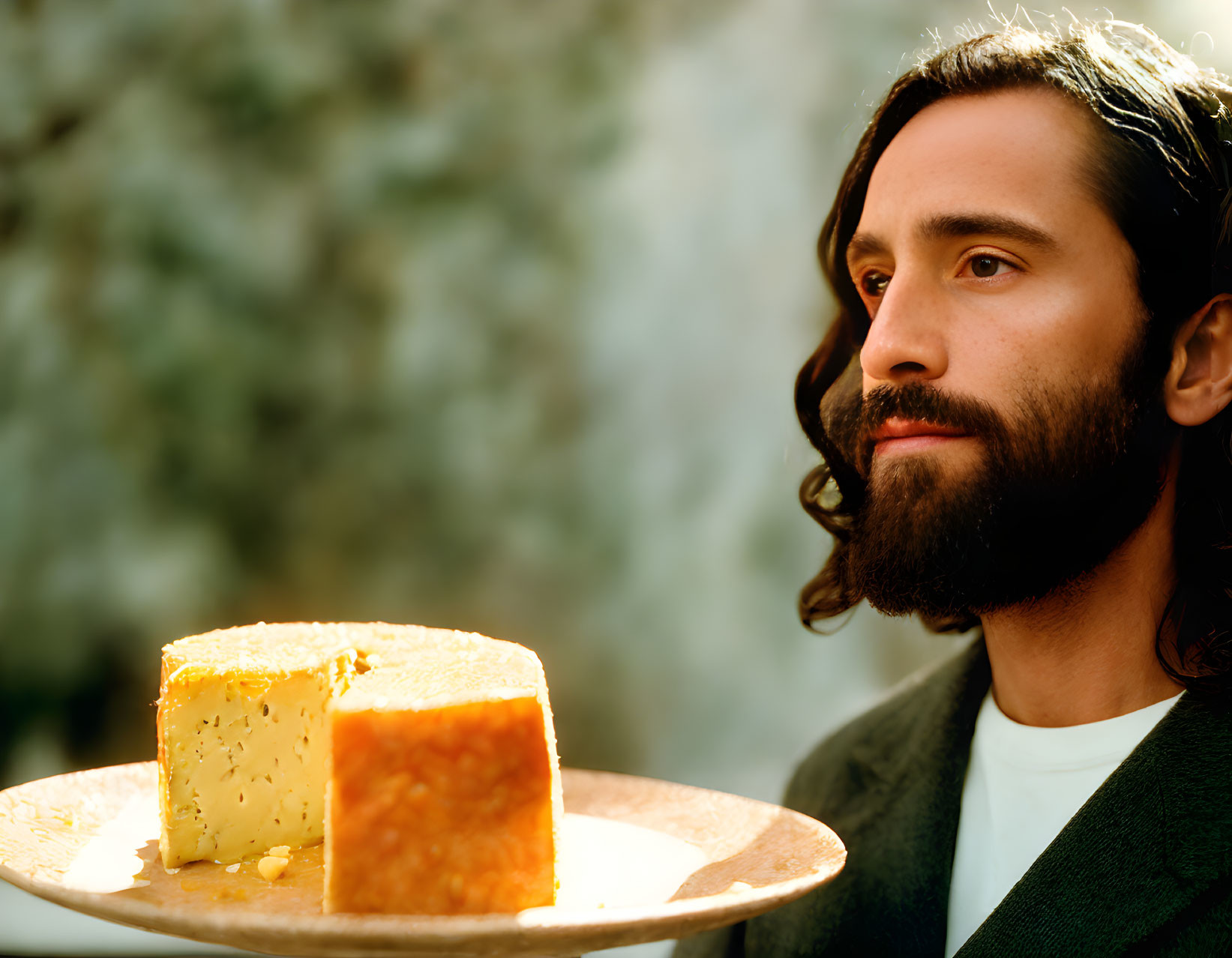 Bearded man looking at cheese on plate in warm light