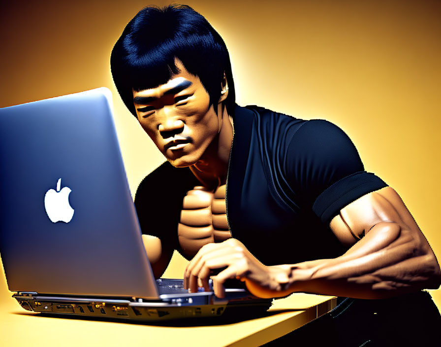 Muscular figure with unique hairstyle using laptop on yellow background