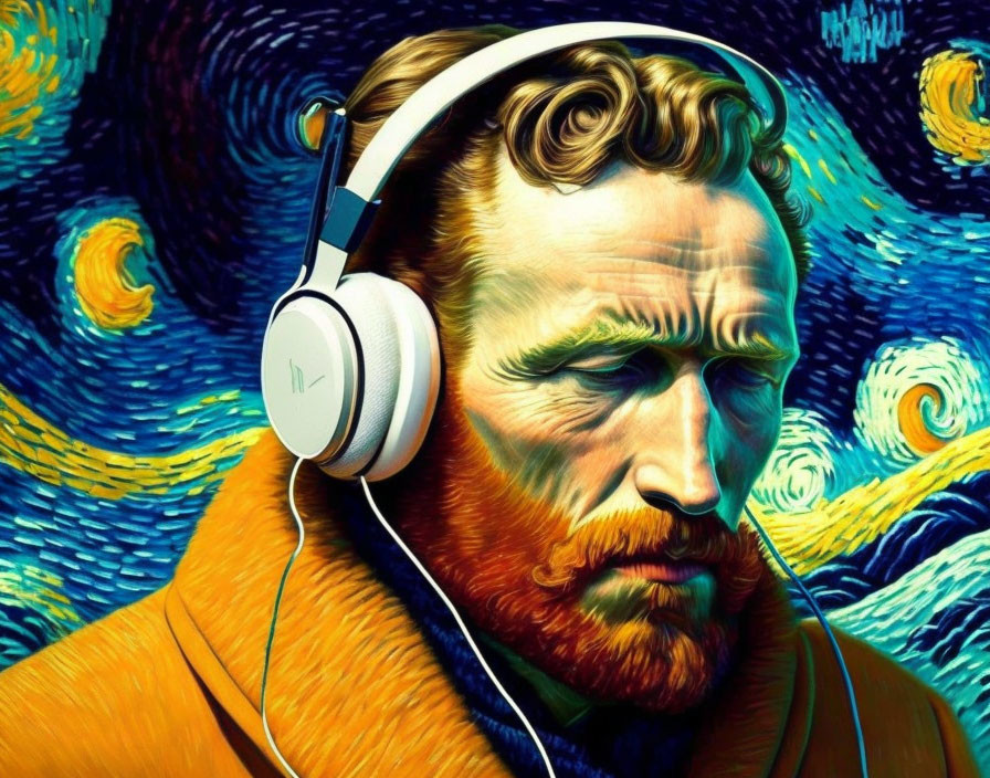 Illustration of a bearded man in headphones on Van Gogh-inspired background