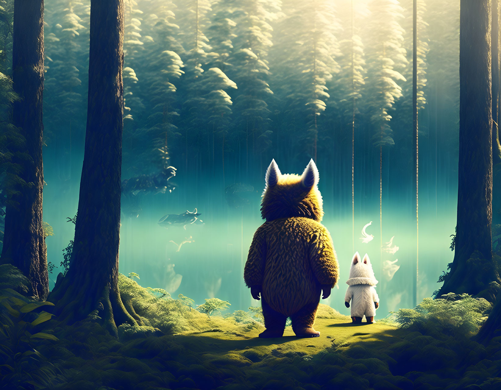 Whimsical bear and rabbit creatures in sunlit forest clearing