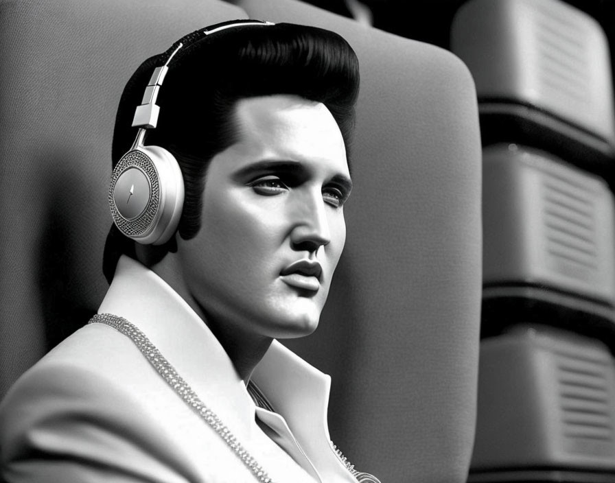 Monochrome image: person like Elvis with headphones, vintage microphone