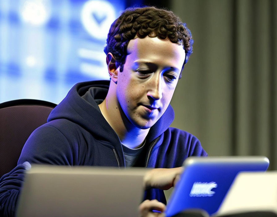 Man in Blue Hoodie Working on Laptop in Digital Office Environment