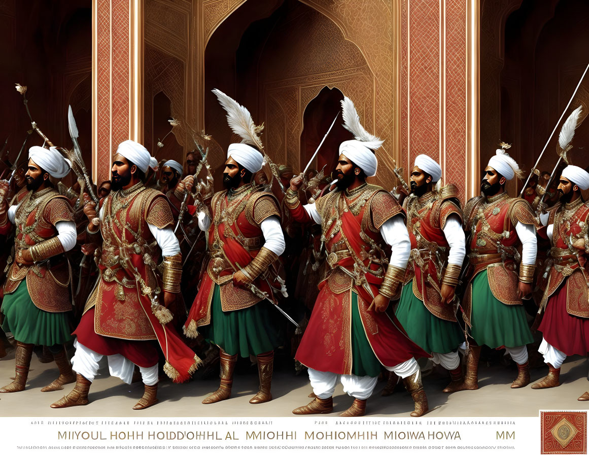 Sikh men in traditional warrior attire marching in ornate palace corridor