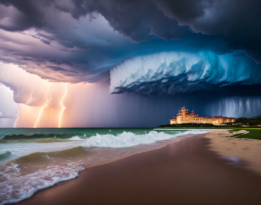 Dramatic shelf cloud over beach building with lightning strikes.