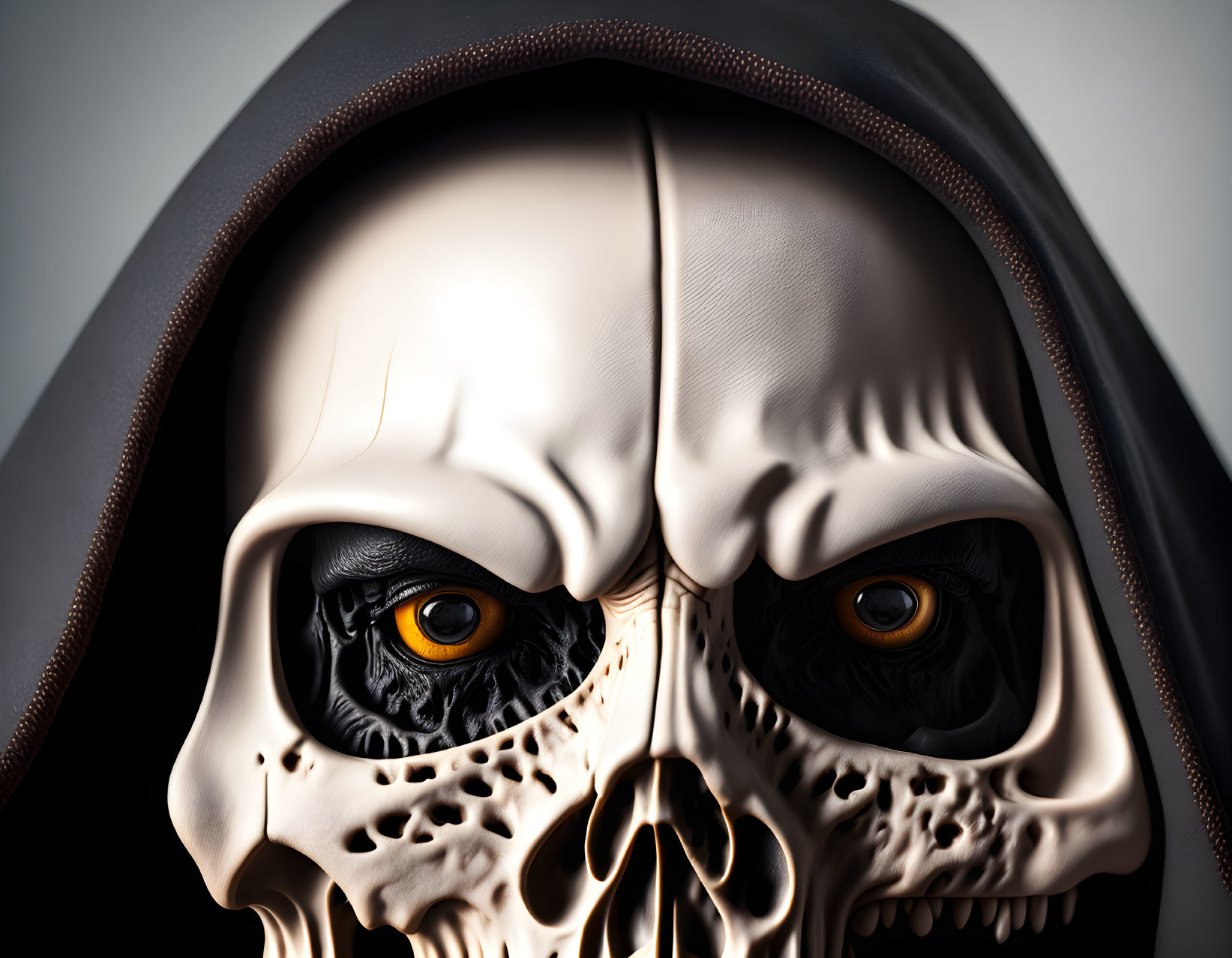 Detailed Digital Artwork: Skull with Yellow Eyes in Shadowy Hood