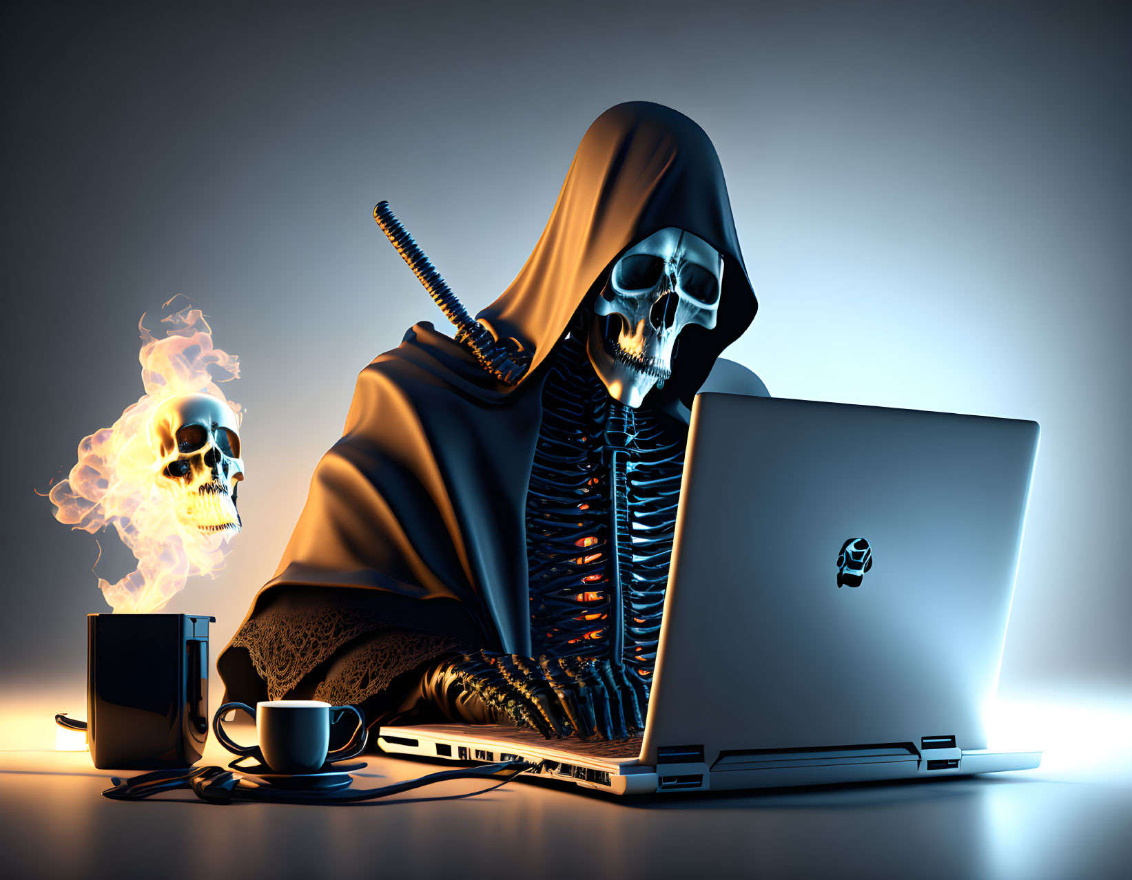 Digital artwork: Skeleton in hooded cloak with laptop and skull with blue flames, hacker or grim re