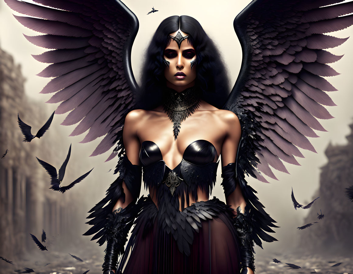 Dark Gothic woman with black feathered wings and crows in ominous setting