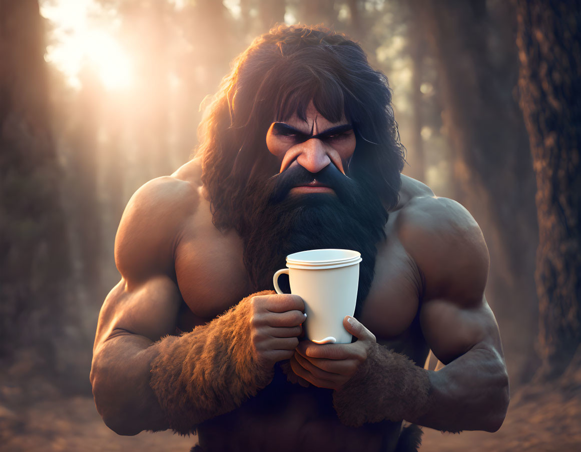 Cartoon-style caveman with coffee cup in forest landscape