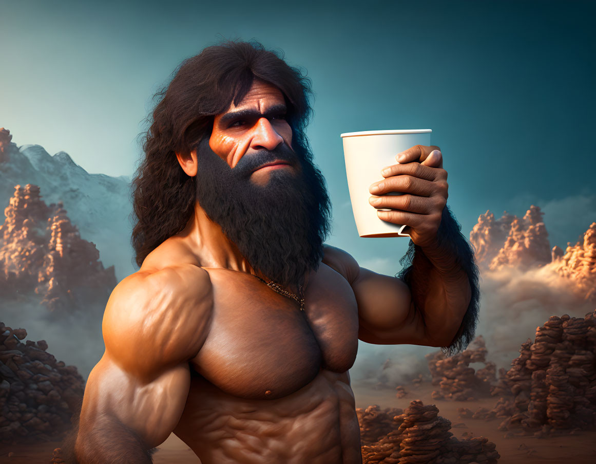 Muscular bearded man in prehistoric scene with large cup & mountains