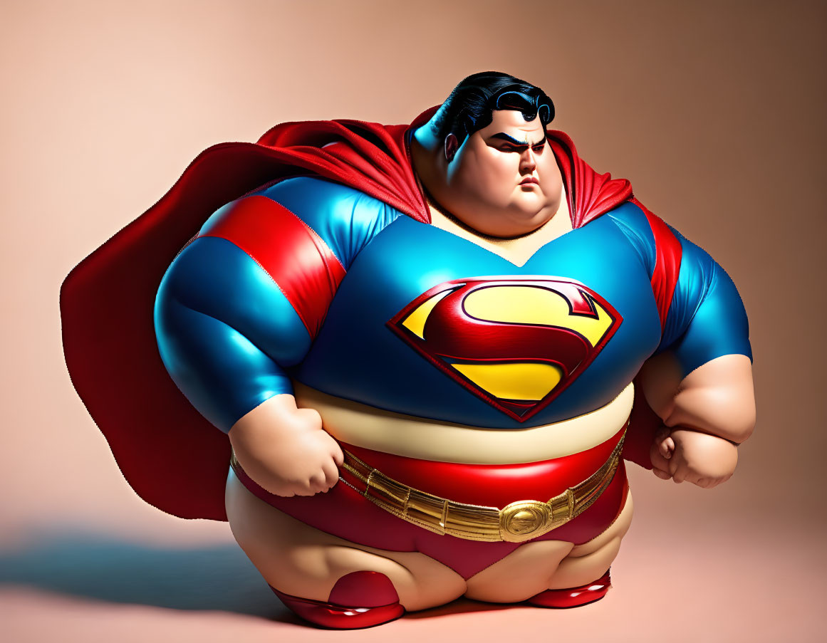 Overweight animated superhero with exaggerated proportions in tight costume