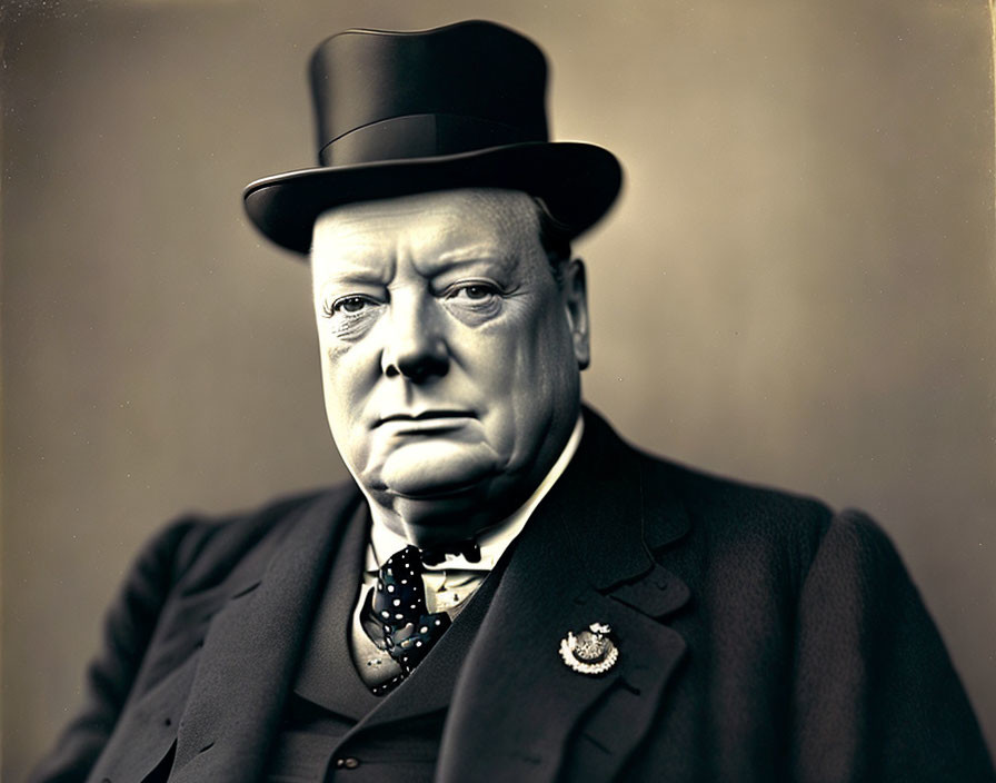 Formal attire with polka dot bow tie and top hat on stern-faced person