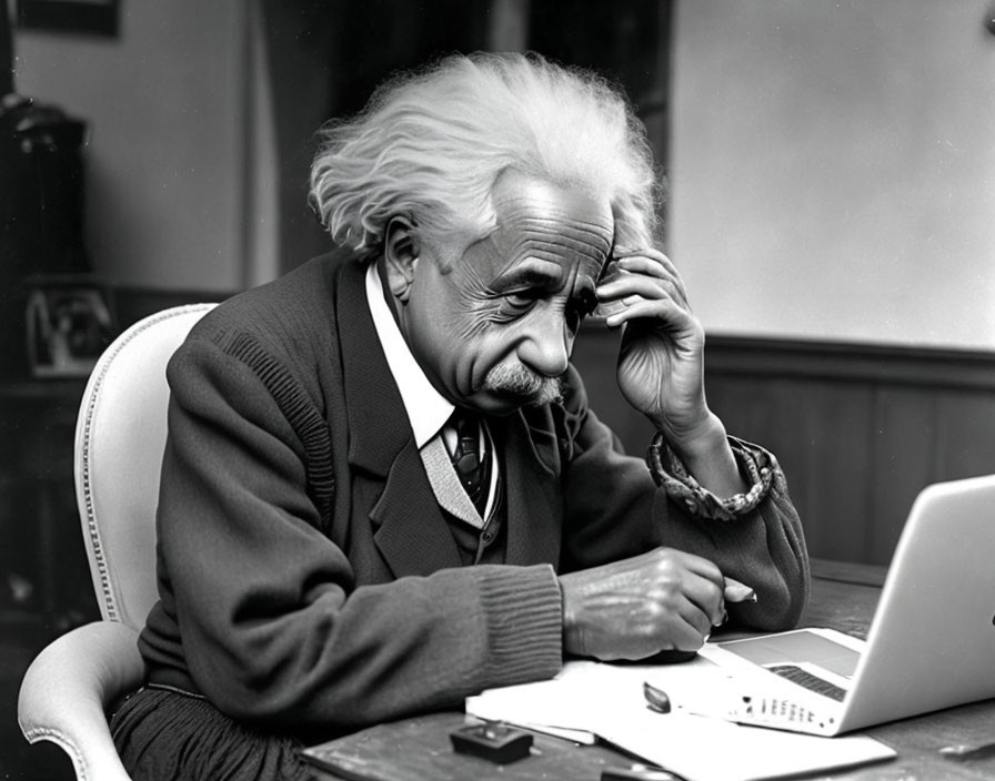 White-Haired Person with Mustache Sitting at Desk with Laptop and Papers