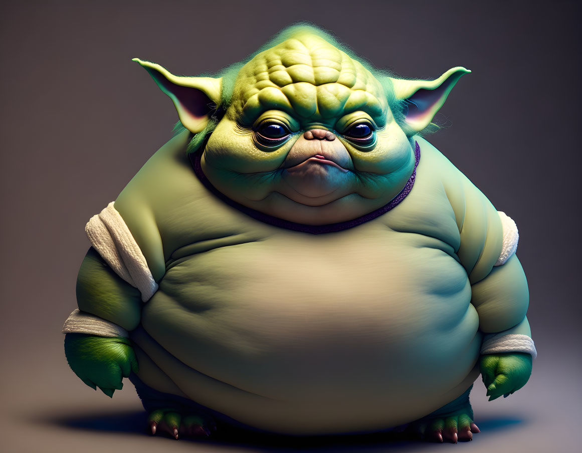 Chubby, green creature with exaggerated features and pensive expression