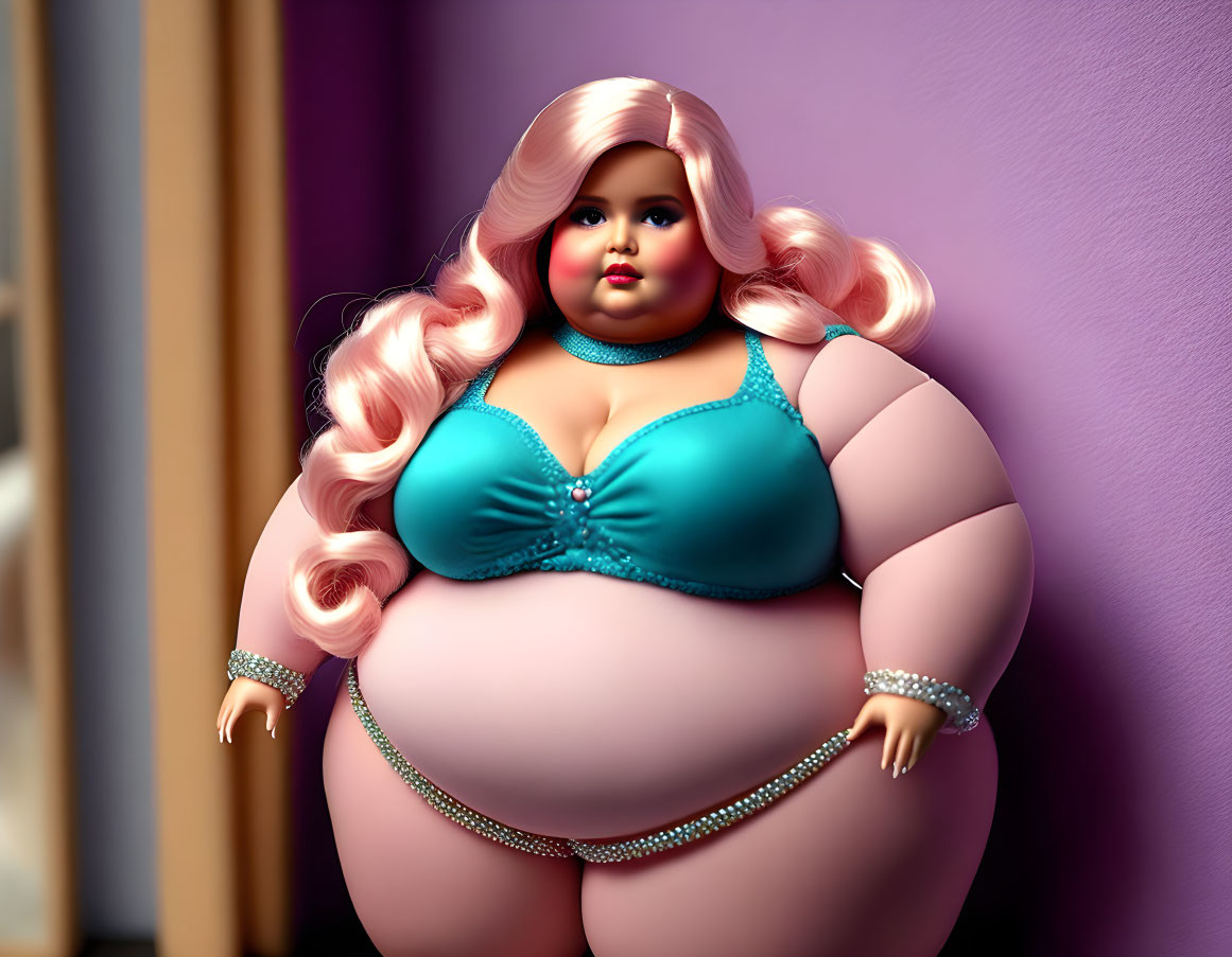 Plus-Size Doll with Pink Hair in Blue Bikini on Purple Background