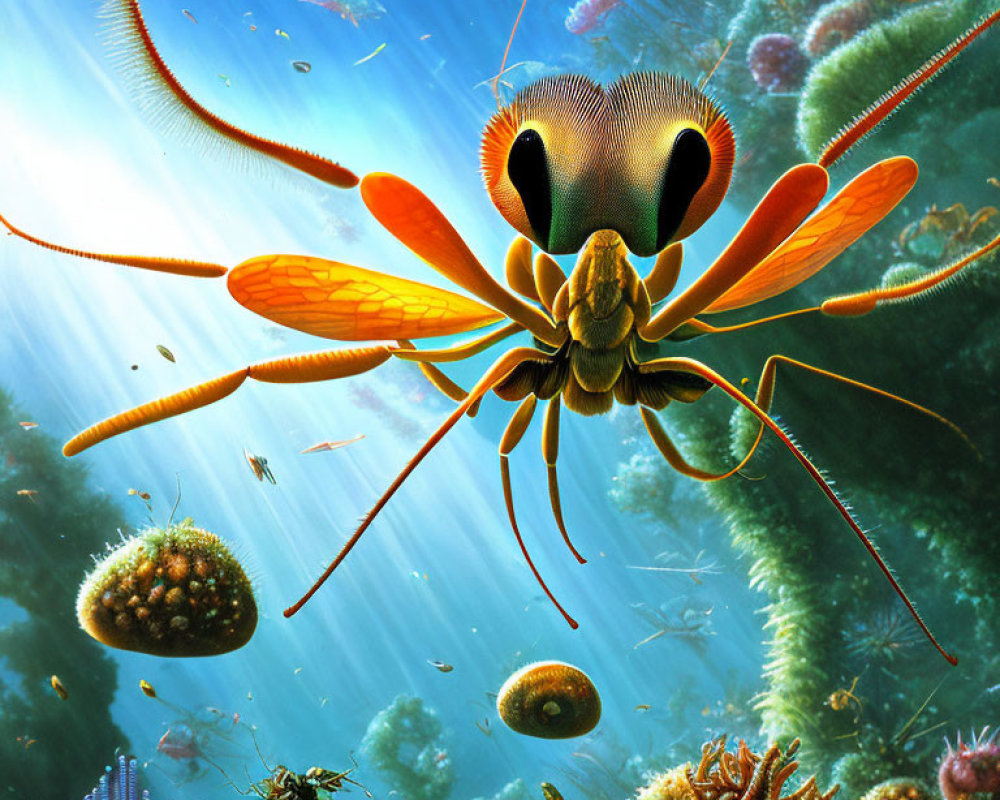 Giant Insect with Dragonfly Wings in Underwater Scene