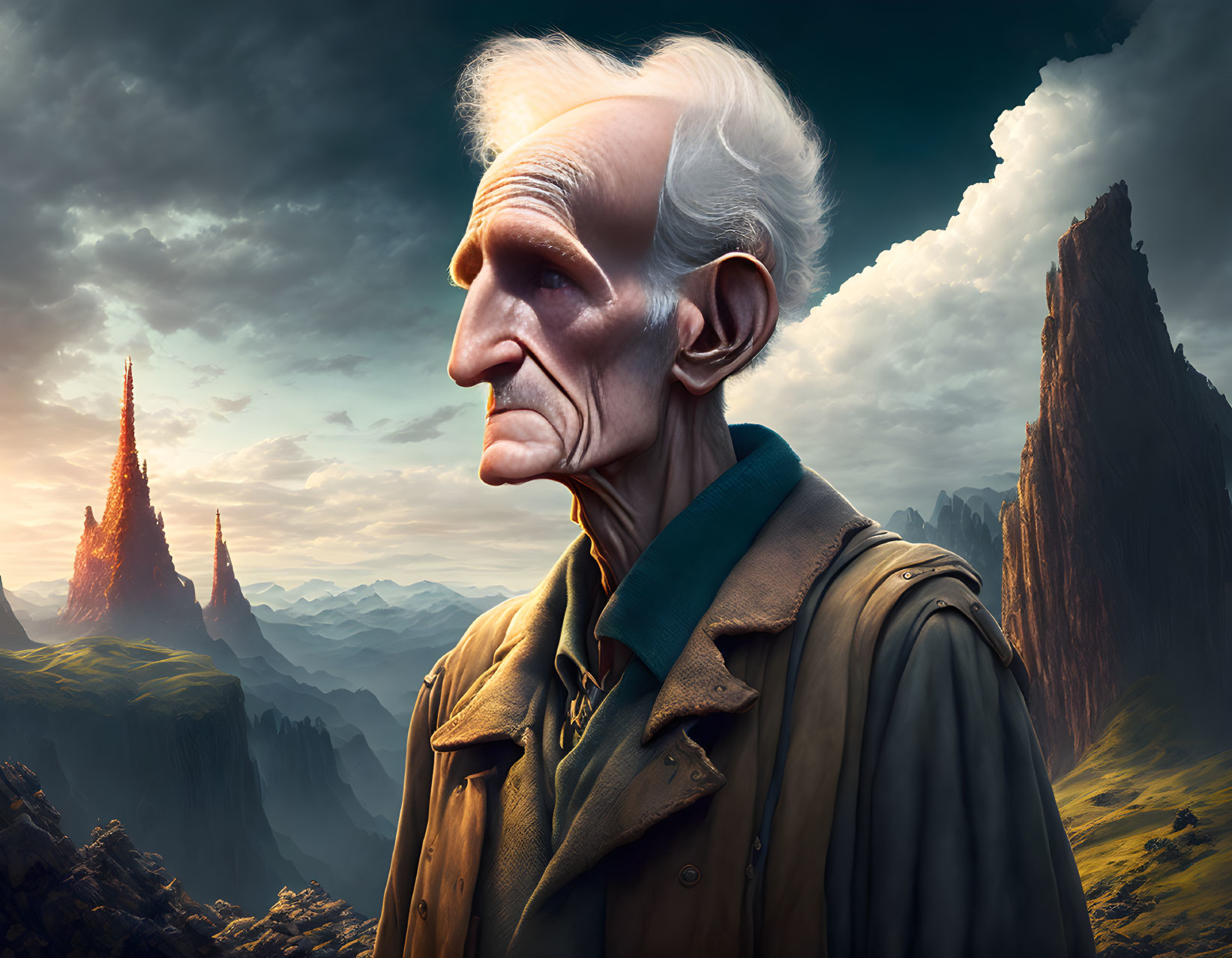 Elderly man digital artwork in fantasy landscape