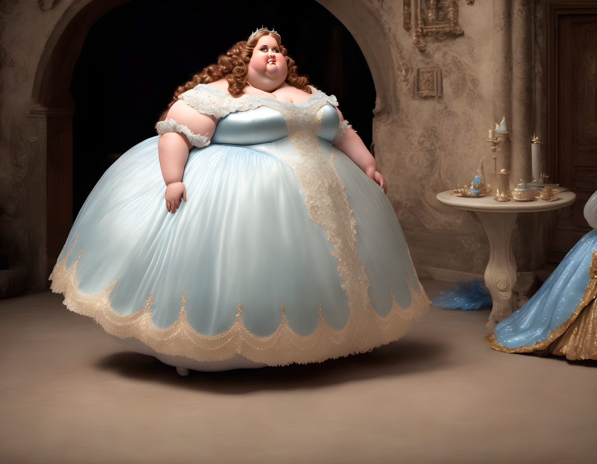 CG image of plus-sized woman in blue and white ball gown in vintage room