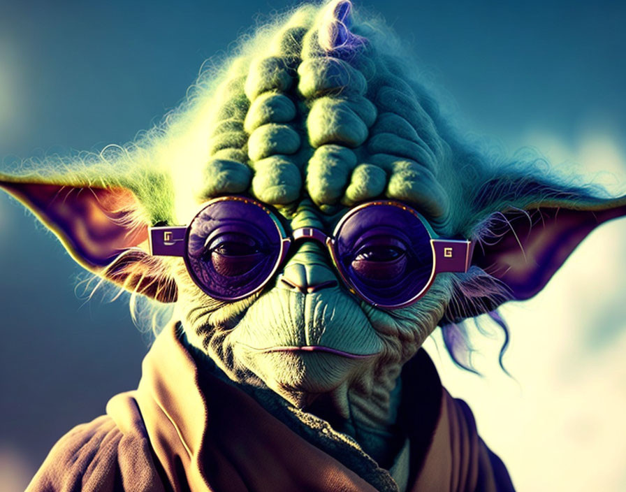 Green-eared character in purple sunglasses with pensive look on blurred backdrop